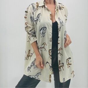 Vintage 90s Equestrian Western Horse Animal Print Rodeo Boho Artsy Blouse